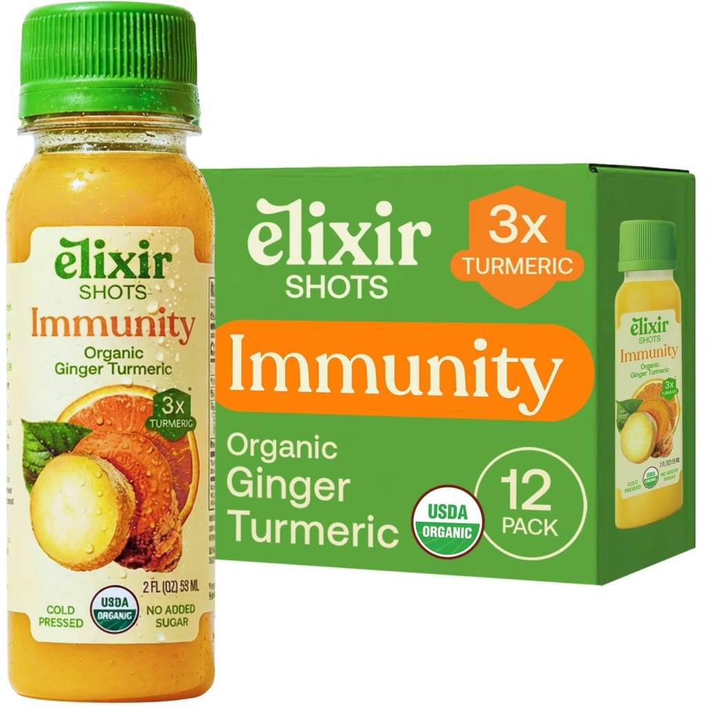 Elixir Shots, Immunitetsforbedret wellness Shot med kaldpresset gurkemeie, ginger, oransje og svart pepper, Ingen tilsatt sukker eller kunstige ingredienser,12-pakke