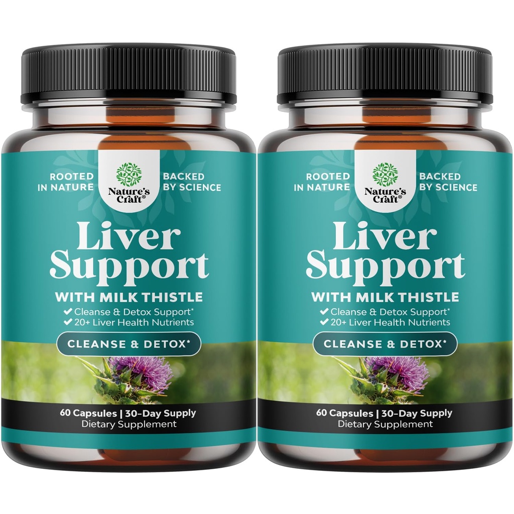 Natures Craft Liver Cleanse Detox & Repair 2 Pack Bundle - Herbal Lever Support Melk Thistle Supplement - Silymarin Melke Thistle Supplement med Dandelion Root, Choline, Beetroot & Artichoke Extract