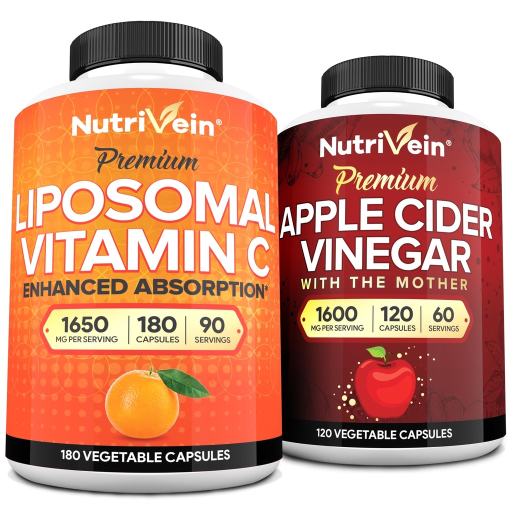 Nutrivein Premium Apple Cider Vinegar Kapsler & Liposomal Vitamin C Supplement Bundle: høyabsorpsjon Vitamin C Kapsler & Apple Cider Vinegar Kosttilskudd Bundle for immunforsvar og Gut Helse