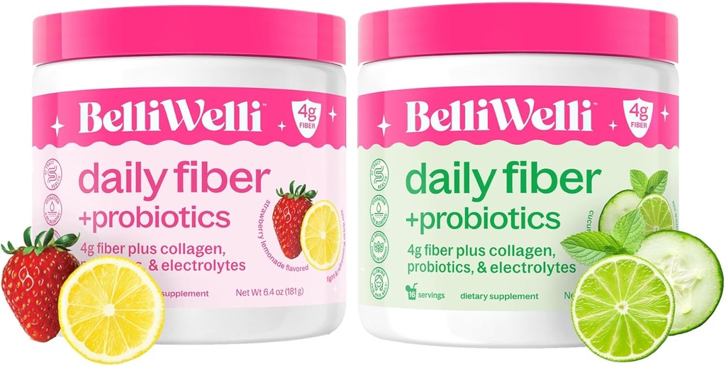 Belli Welli Daily Fiber Supplement Duo - Strawberry Lemonade & Cucumber Lime Mint - med kollagen, Probiotika & elektrolytter - Oppfriskende Flavors for balansert velvære - 32 Total Services
