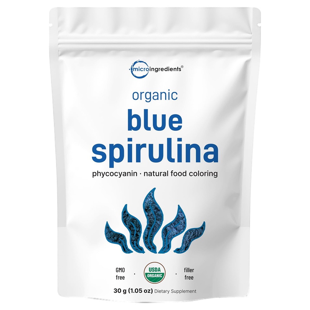Organic Blue Spirulina pulver (Phycocyanin ekstrakt), 30 serveringer - Ingen fiskende lukt, 100% vegansk protein fra blå-grønn algae, naturlig lysende matfarger for smoothies, baking, drikke og matlaging