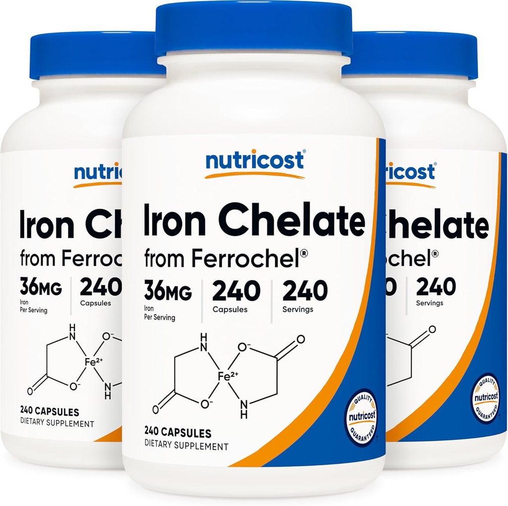 Nutricost Chelated jern, som Ferrochel, 36 mg, 240 kapsler (3 flasker)