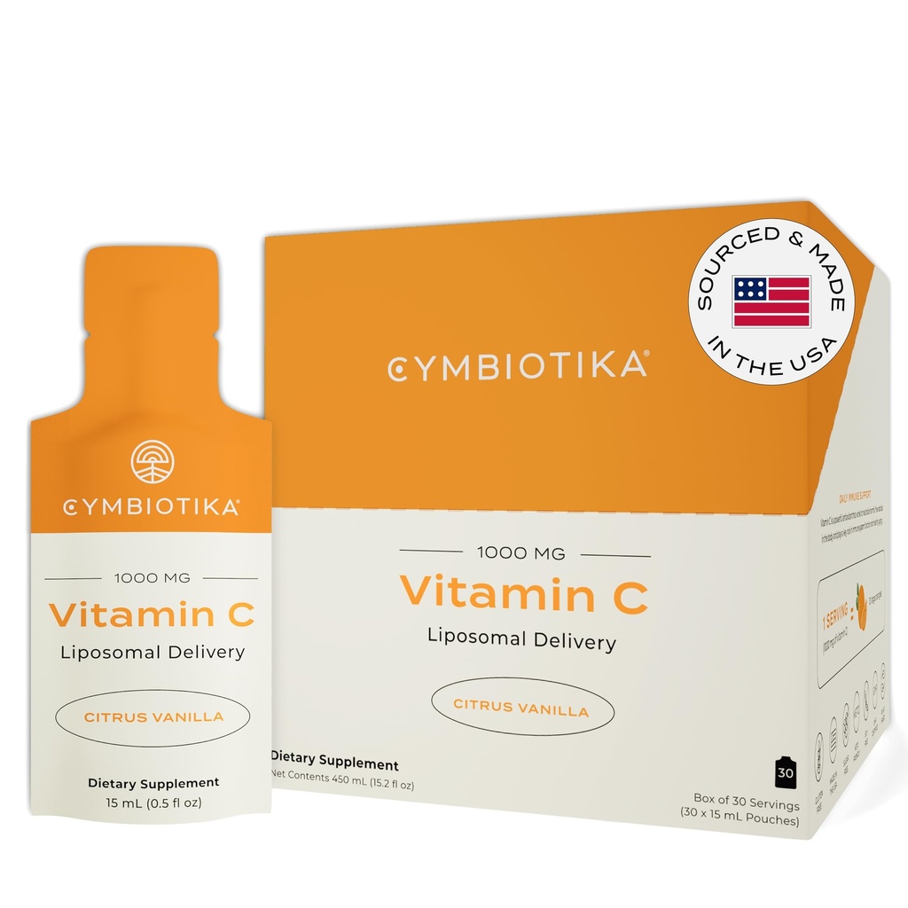 CYMBIOTIKA Vitamin C Individuelle pakker, Liposomal Levering, Supplement for immunstøtte, kollagenforsterkning, & sunn aldring, Hudhydrasjon pakker, Citrus Vanilla Flavor, 30 greve