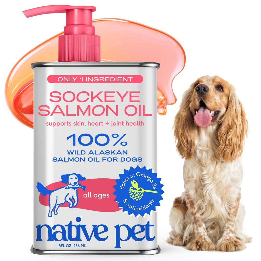 Native Pet Salmon Oil for hunder og katter – ren omega-3 fiskolje for hunder Supplement for hud og Coat, felles og hjerte helse - Hunde anti-inflammasjon – 100% Wild-Caught Alaskan Sockeye Salmon – 8 oz