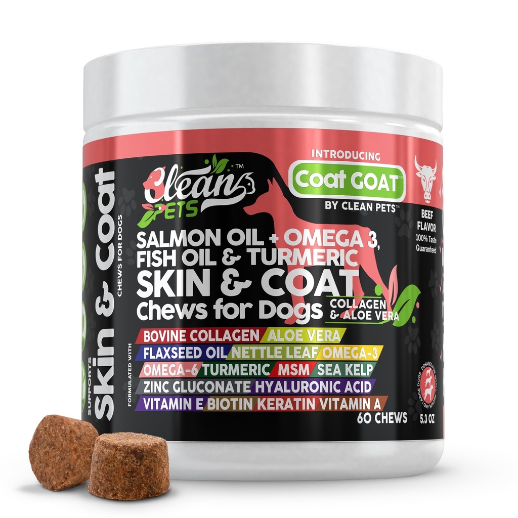Laksolje Omega 3 Fiskeolje for hunder Hud og Coat Supplement ® Hundekollagen Aloe Vera Biotin Keratin Flaksfrø Nettle Leaf Sea Kelp Hyaluronsyre Brewers Yeast Vitamin A - Coat Goat