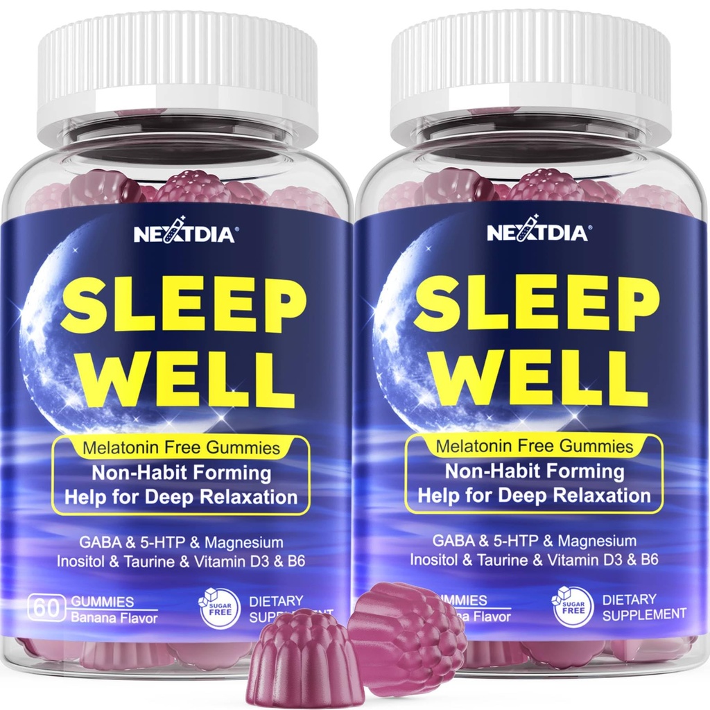Melatonin Free Sleep Gummies med Magnesium Glycinate, GABA, 5-HTP, L-Theanine, Valerian, Kamille, Lemon Balm, Vitamin D3 & B6 - Hormon og narkotika-fri, ikke-Habit Forming, 2 Pack