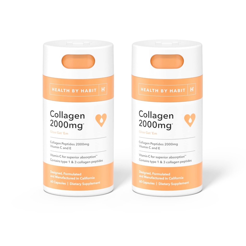 Helse ved Habit Collage Supplement 2 Pack (120 Kapsler) - Vitamin C & Vitamin E, 2000 mg, Collage Peptides, Superior Absorpsjon, støtte huden, ikke-GMO, sukkerfri (2 Pack)