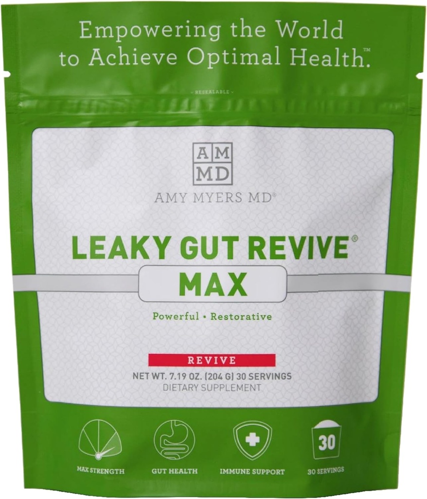 Amy Myers MD Leaky Gut Revive MAX Powder for Leaky Gut Repair \" Potent L-Glutamin pulver til å støtte glutamin, IBS, diarrea, Bloating, gass, SIBO \" Plant Basert Supplement for Gut helse, 1 måned