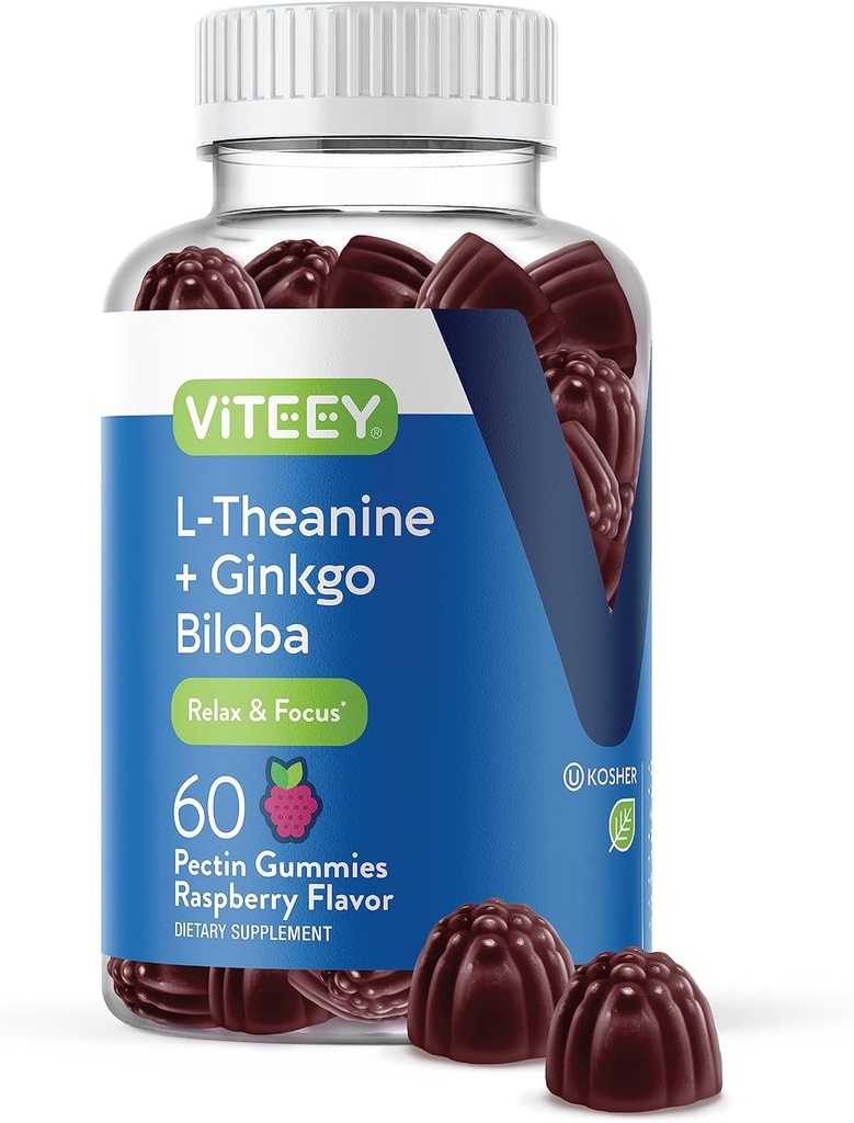 Viteey L-Theanine Gummies med Ginkgo Biloba for voksne - Hjelpemidler i fokus og slappe av, Forbedre Mood - Ikke GMO, Gelatin Gratis, Vegansk, Glutenfri, naturlig laget Chewable Raspberry Flavored Gummy
