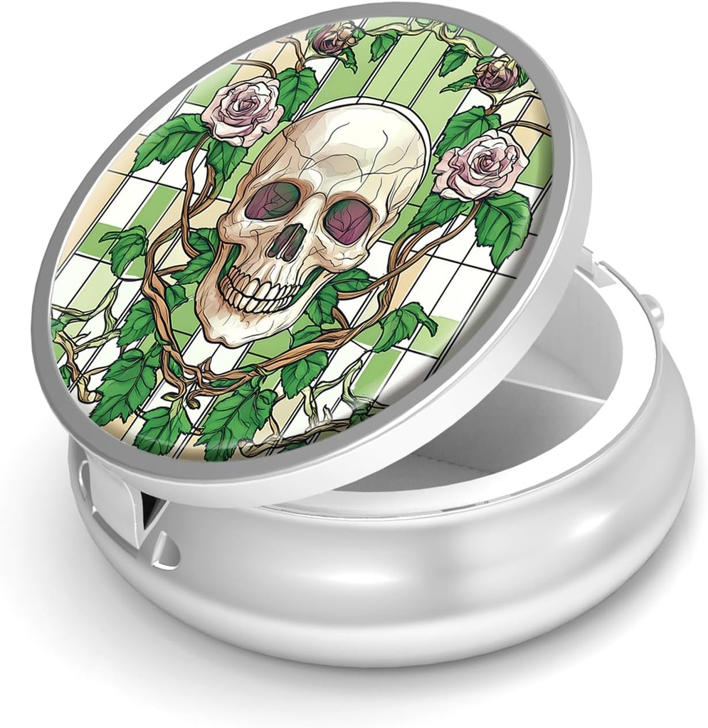 Pill Box-3 Sammenligning Lille Pill Case for Purse & Pocket Mini Metal Pill Holder Reise Pill Container å holde kosttilskudd BPA-fri (Skull og Rose)