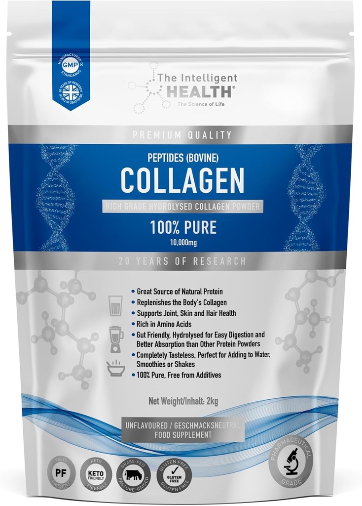 Intelligent Helse Hydrolysert Collage Peptider pulver, Grass Fed, høyt protein, uflavorert, Glutenfri, Paleo & Keto Vennlig, 10g per servering (2kg) støtter hud, hår, negler, ledd, og bein
