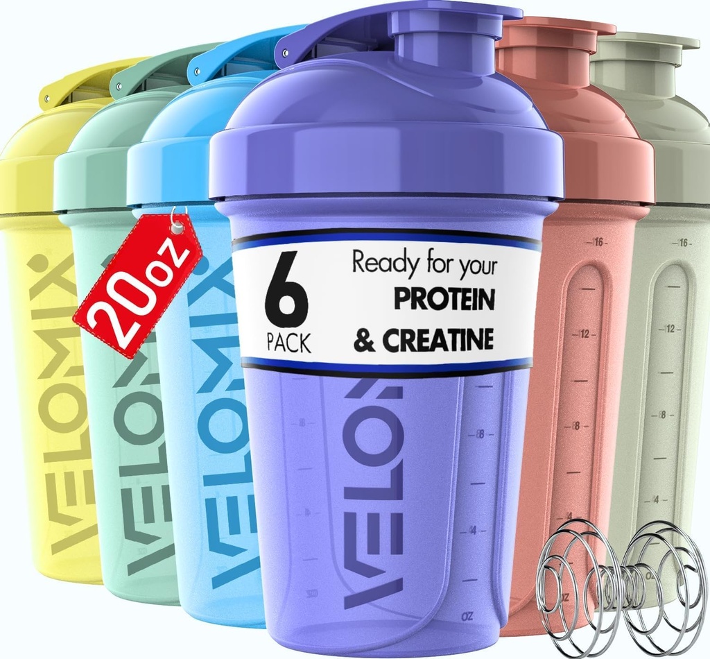 VELOMIX -6 Patron- 20 oz Protein Shaker Flaske for proteinblandinger - 6x Wire Whisk | Leak Proof Shaker Cups for Protein Shakers | Stackable Protein Shaker Flaske Pack | Oppvaskmaskin trygt (Limmal Shakes)