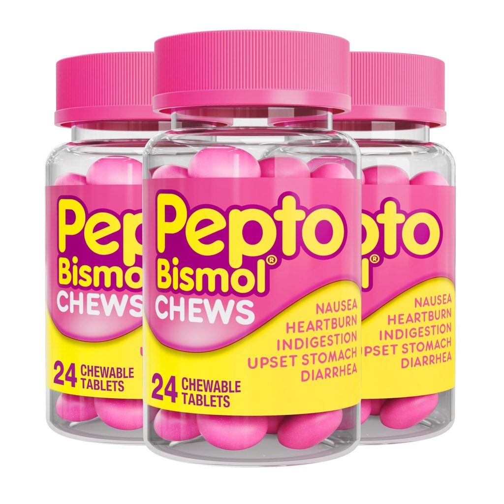 Pepto Bismol Chews, rask og effektiv digestiv relief fra tristhet, halsbrann, indiesjon, oppsett mage, diarré, 72 Totalt (3 pakker med 24)