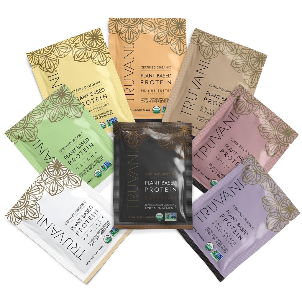 Truvani Vegan Pea Protein pulver | prøve pakke | 20g Organic Plant Based Protein | 8 Single Serving Packets | Keto | Gluten & Dairy Free | Lav karbohydrat | Ingen tillagt sukker