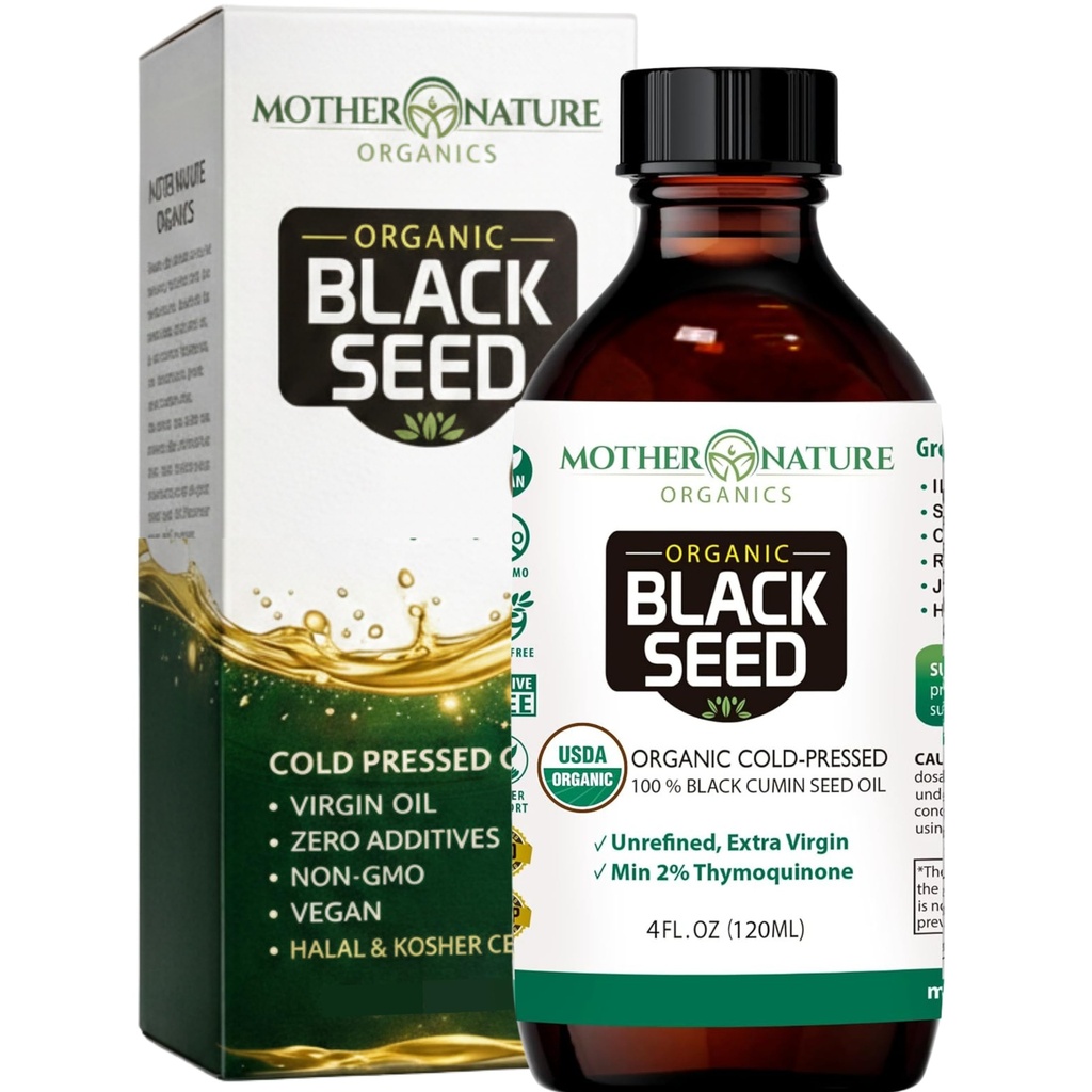 Moder natur USDA organisk svart frøolje - kald presset, uraffinert og vegansk nigella sativa, høy thymoquinon (2%+), Omega 3 6 9 for immun, felles og hjerte støtte, hår og hud, ikke-GMO, 4oz