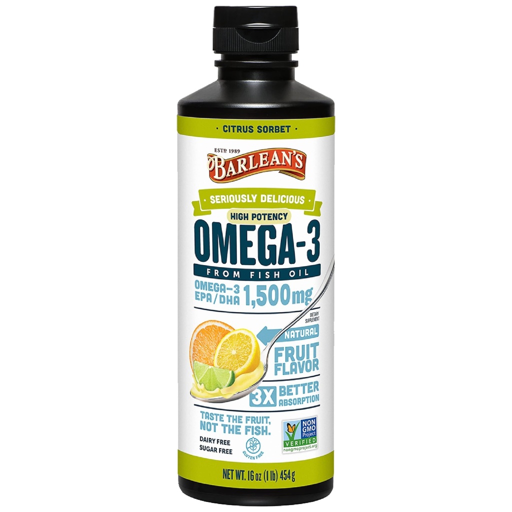 Barlean's Citrus Sorbet høy potens Omega 3 fiskeolje flytende Supplement, 1500mg EPA & DHA fettsyre, smoothie flavored og Burpless for hjernen, felles, & hjerte helse, 16 oz