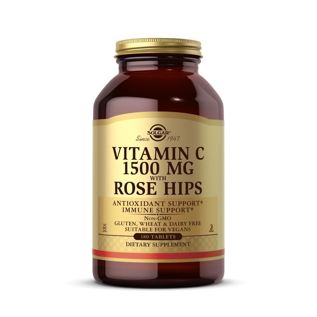 Solgar Vitamin C 1500 mg med Rose Hips, 180 tabletter - Antioksidant og immun støtte - Total Helse - Støtter sunn hud og ledd - Ikke GMO, Vegan, Glutenfri, Dairy Free, Kosher - 180 Services