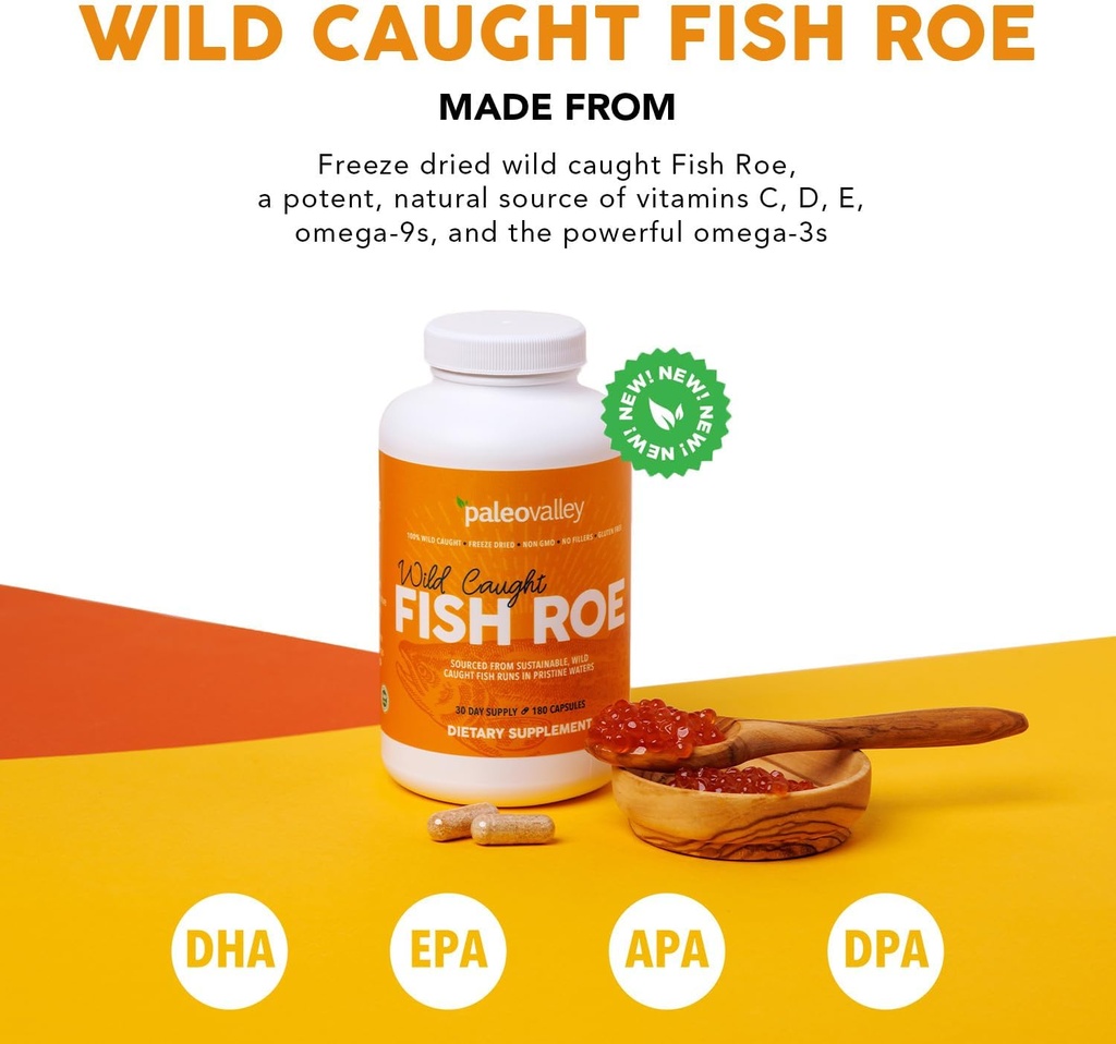 Paleovalley Wild Caught Fish Roe - DHA / EPA, Full Spectrum Omega -3 Fatty Acids - Inflammasjon, Visjon, Mood, Immunitet Boost - 28 Serveringer