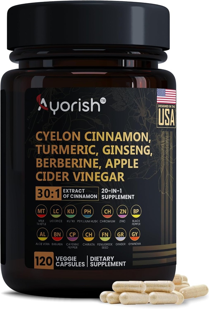 Ceylon Cinnamon Capsule 30:1 Ekstrakt tilsvarende 9000mg Turmeric, Ginseng, Apple Cider Vinegar Berberine Plus Bitter Melon Gymnema, Kutki, Chirata 120 Veg Capsules – 60 dagers levering