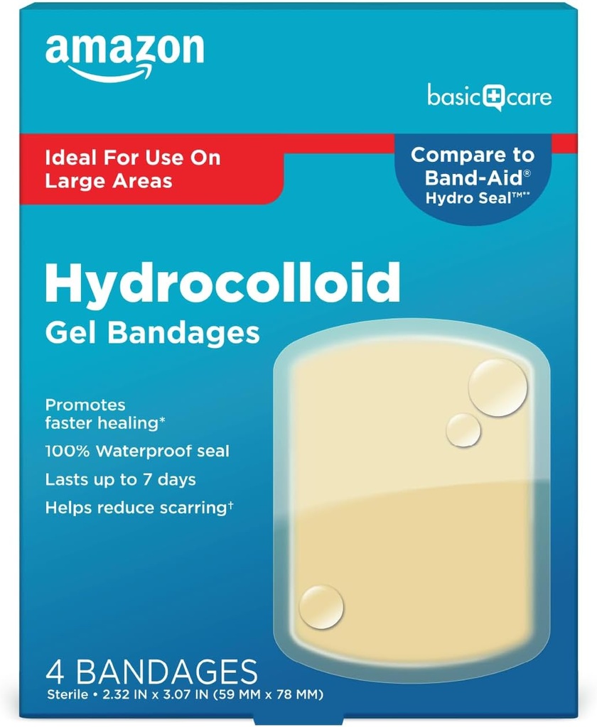 Grunnleggende omsorg Avansert rask healing Hydrokolloid Gel Bandages, store sårkjoler, 4 ct