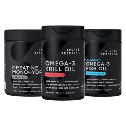 Idrettsforskning Kreatin Monohydrat Forbedret av Omega Power House Antarctic Krill & Fish Oil med trippel styrke EPA DHA og Fosfolipider, Choline & Astaxanthin - Passer til Champions