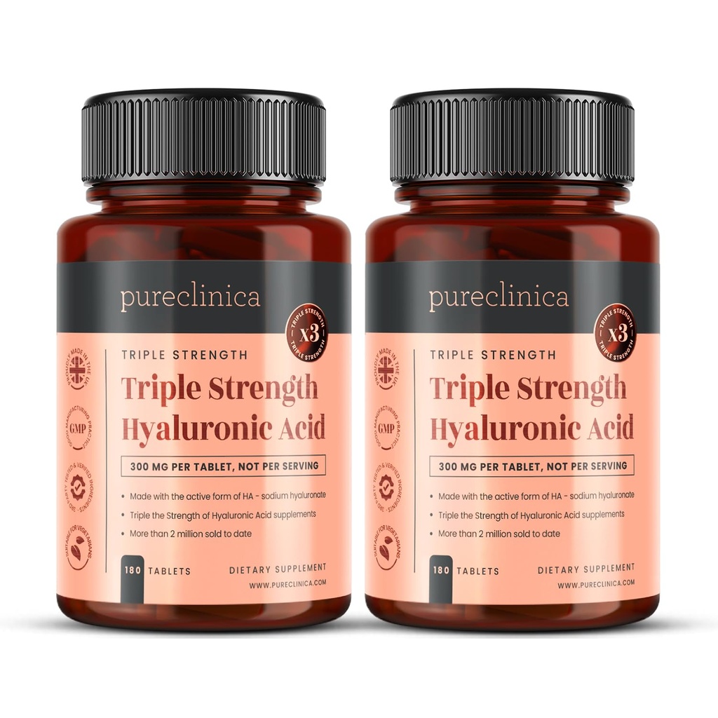 pureclinica Hyaluronsyre 300 mg x 360 tabletter (2 flasker på 180-12 måneders forsyning). Trippel styrke hyaluronsyre. 300% sterkere enn noen annen HLA tablett.