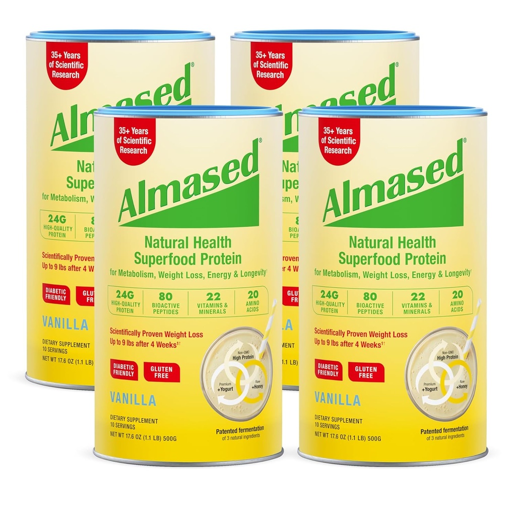 Almased Vanilla måltid erstatningsshake - lav-glykemisk høy plante basis protein pulver - ernæringsmessig vekt helse støtte supplement - Vanilla Flavor - 17,6 oz (1,1 pund (4 pakke))