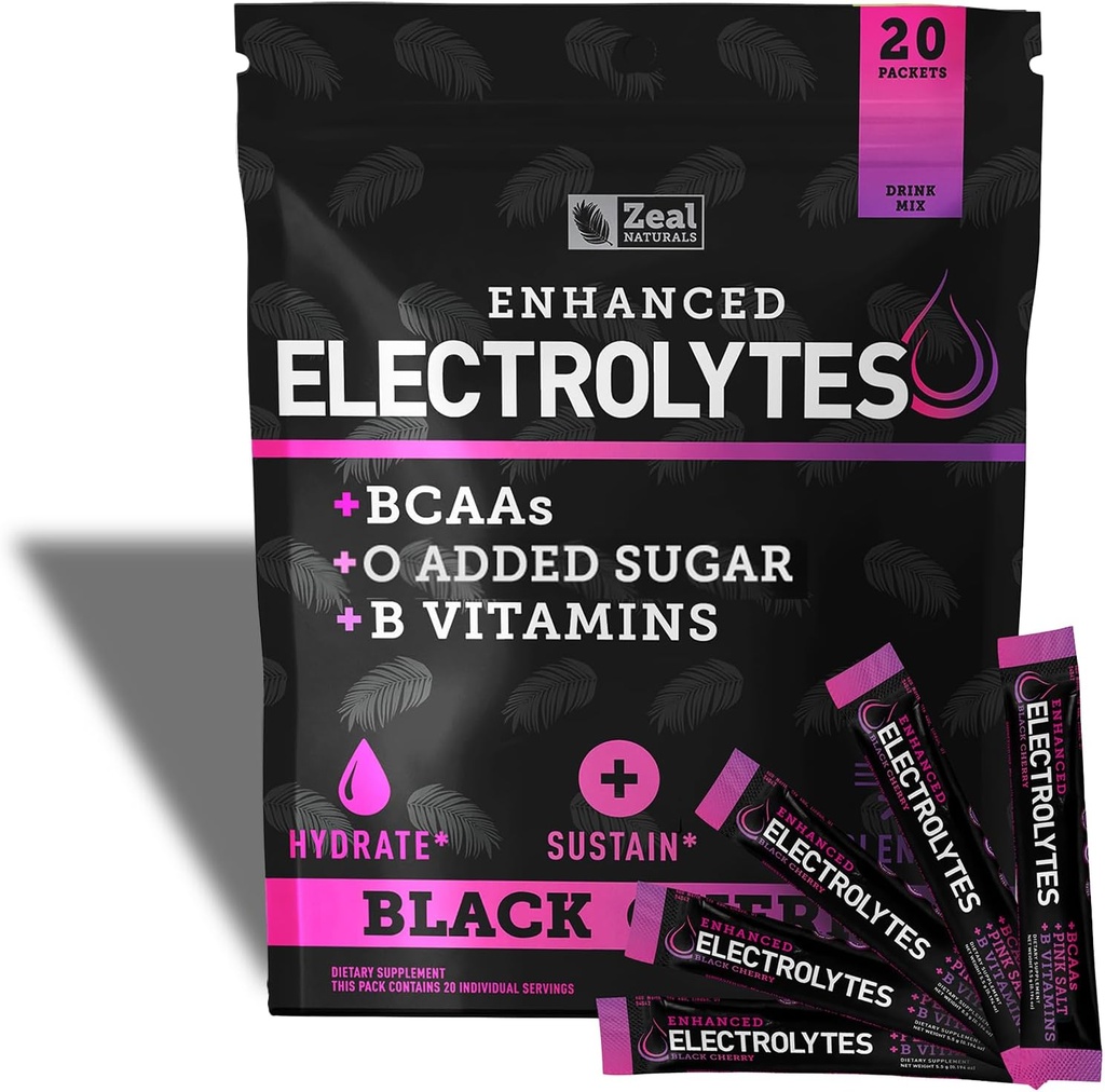 Forbedret elektrolyt pulver Stick-pakker (Black Cherry ® 20 Packets) w/ 0 Sukker + BCAA + B-vitaminer Electrolyte Supplement w Kalium Zink & Magnesium for Hydration - Keto Electrolytes