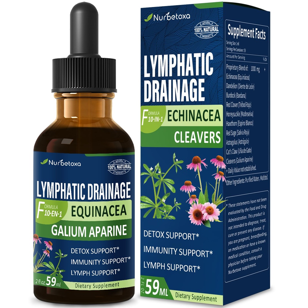 Cleavers Lymphatic Drainage Drops for Lymph System Detox Cleanse, Lymphedema Support Supplement Formula m / Echinacea, Cat's Claw, Red Clover Extract Tinktur, bruk med Lymph Massage Tool. 2oz