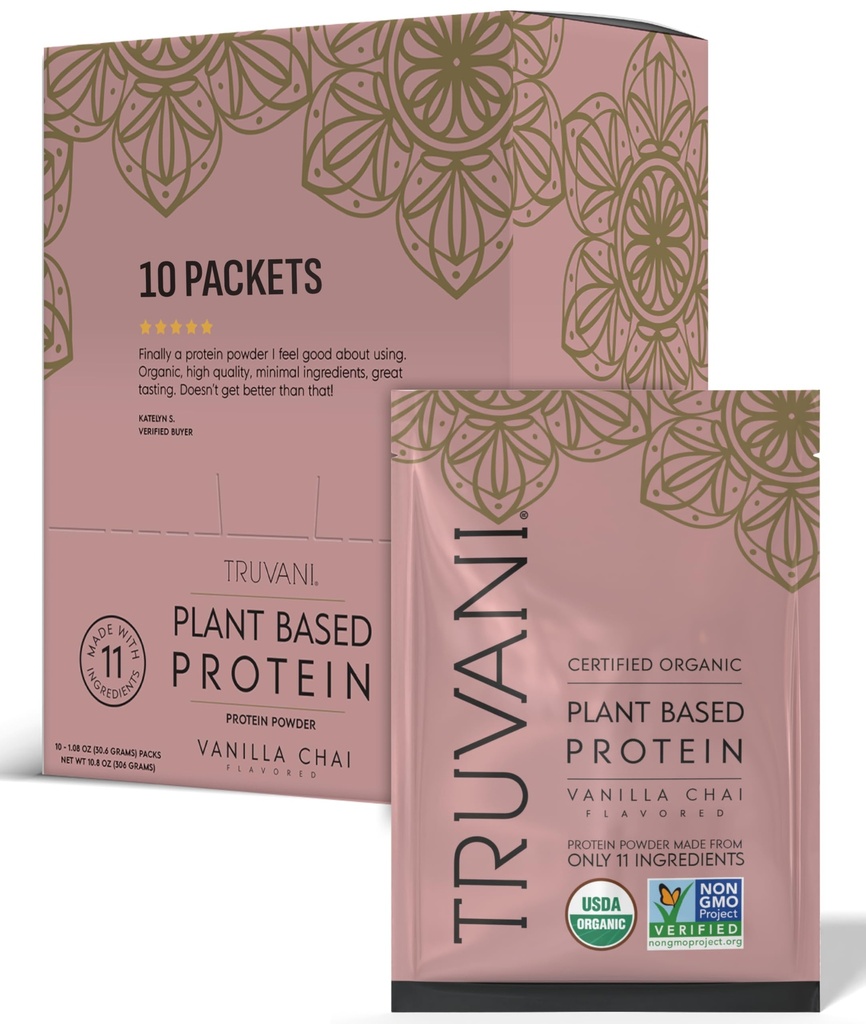 Truvani Vegan Pea Protein pulver | Vanilla Chai | 20g Organic Plant Basert Protein | Single Serving reisepakker | 10 Serveringer | Keto | Gluten & Dairy Gratis | Lav karbohydrater | Nei tilsatt sukker