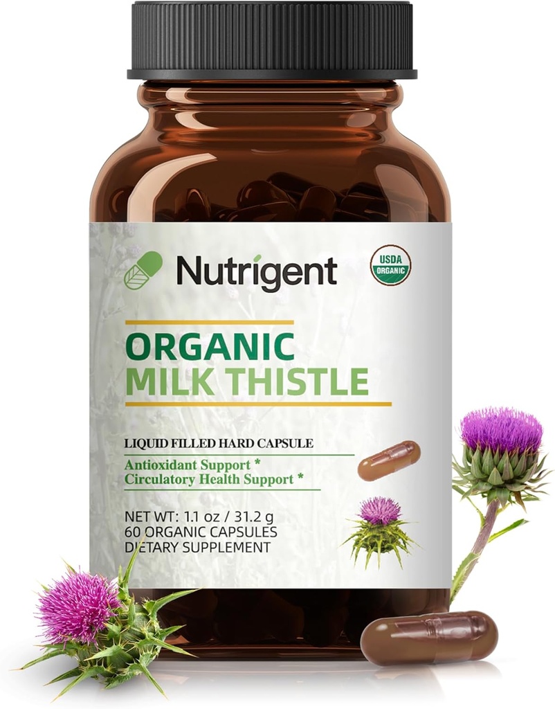 USDA Organic Milk Thistle Supplement 25:1 Ekstrakt, 8750 mg Styrke, Silymarin Supplement 280 mg, flytende organiske kapsler, lever helse og detox støtte, ikke-GMO, 60 tall