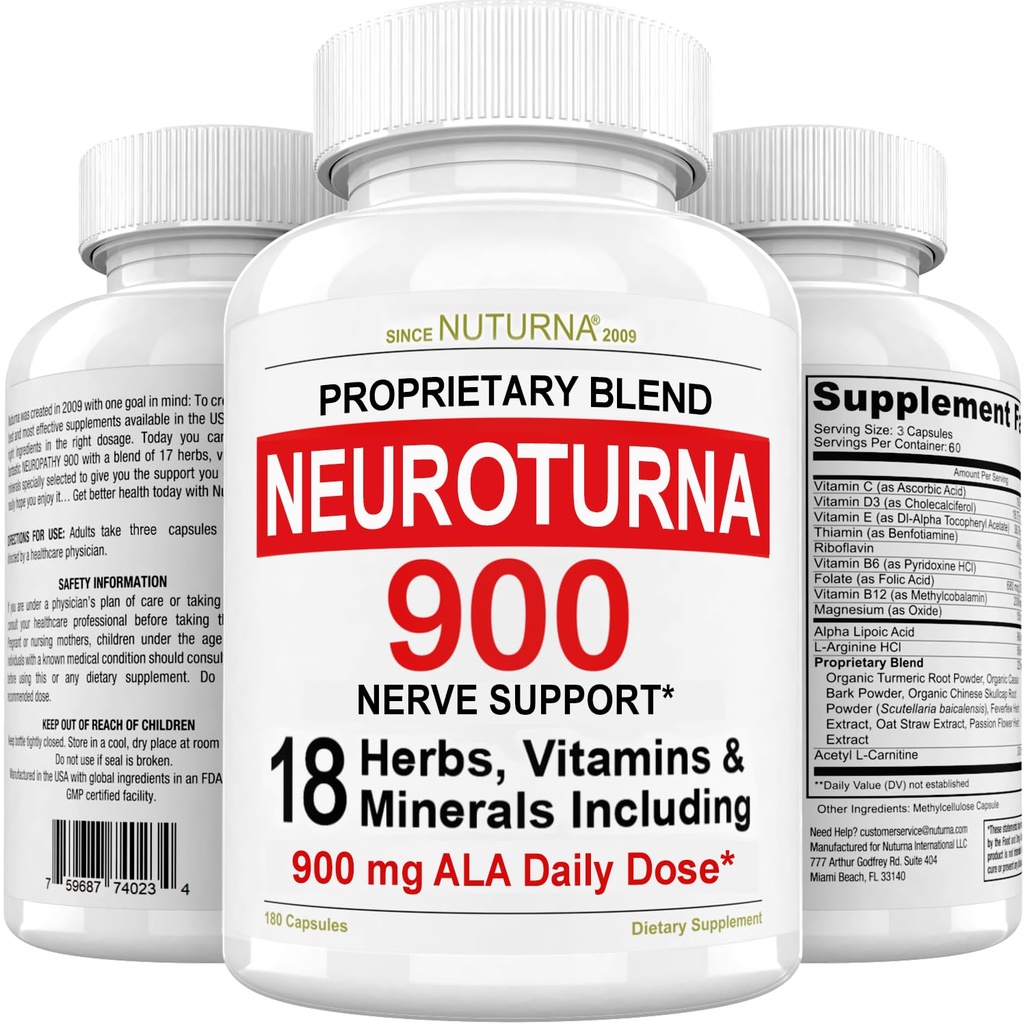 Nevropati støtte Nerve Supplement med 900 mg ren alfa liposyre - maksimal styrke formel, styrke nerver i fingre, hender, tær, & føtter - beste perifere relief støtte - 180 kapsler