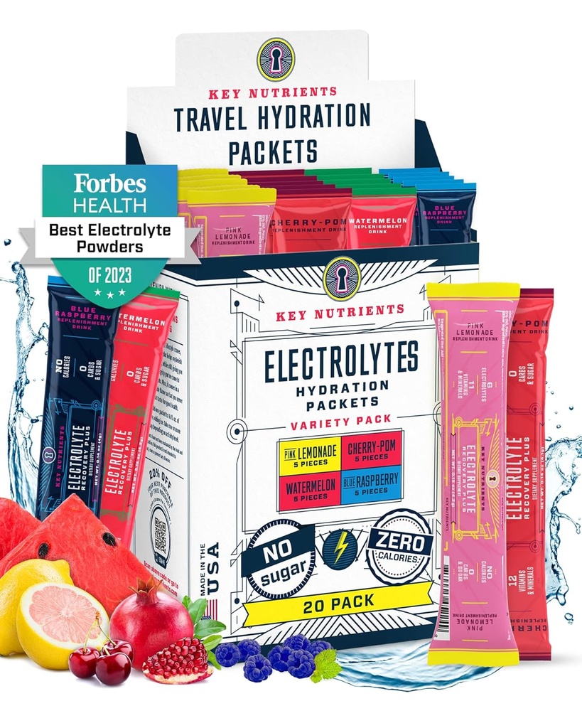KEY NUTRIENTS Electrolytes pulverpakker Ingen sukker - 4 Delicious Flavors i Hydration Packets 20 Pack - Ingen kalorier, Glutenfri Electrolytes Powder Packets - Keto vennlig, ikke GMO, laget i USA
