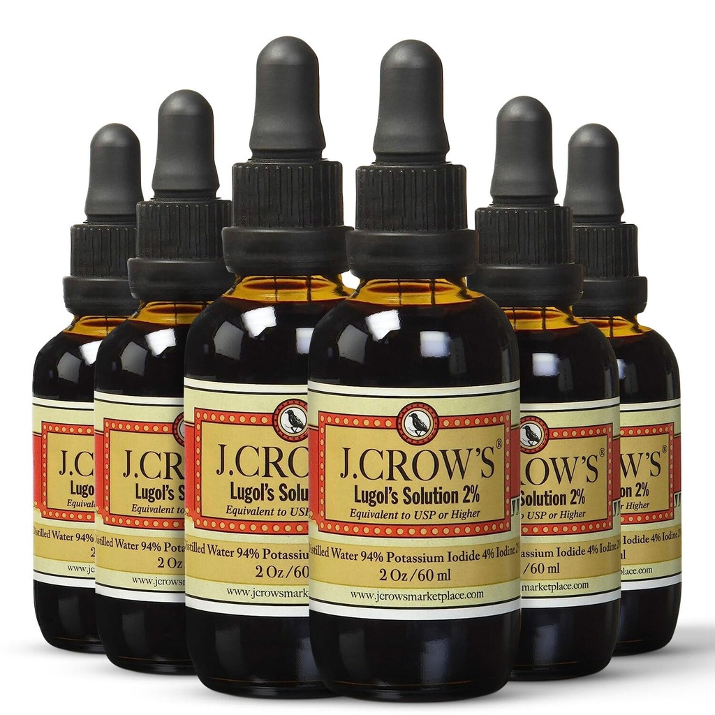 J.CROW'S® Lugols løsning av jod 2% 2 oz (6 flasker) – Premium jod og kaliumjodvæske, gluten og, alkoholfri naturlig bronekstrakt, ingen utløp