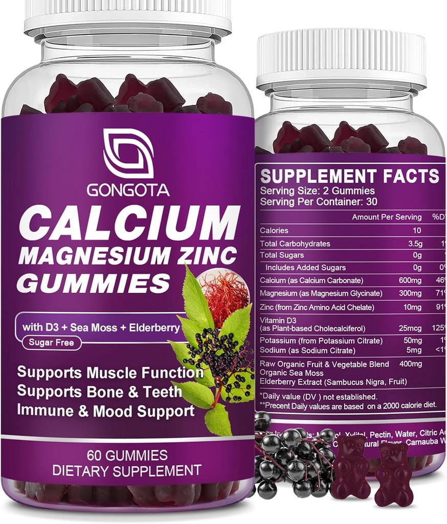 Kalsium Magnesium Sink med vitamin D3 Supplement, høy absorbent Kalsium Gummies med 300mg Magnesium glycinat støtte Bein & tenner, Muskel for voksne og tenåringer, Sukkerfri, Vegan - 60 greve