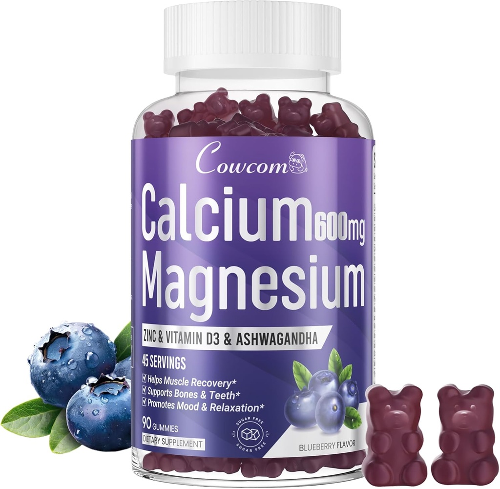 Kalsium Magnesium Sink Gummier & vitamin D3,B6,B12, Immune & støtte Bone Helse Kalsium Magnesium Supplement for kvinner,Sugar-fri Vegan Blåbær Flavored 90 Antall