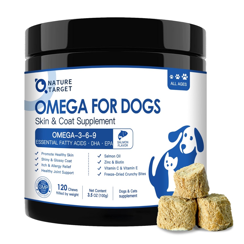 NATURE TARGET Omega 3 Fiskeolje for hunder, lakseolje for hud og coat Supplement med EPA & DHA Fatty Acids - Hundetett & Allergi Relief, Anti-Shedding, Hot Spots Behandling - Hip & Joint Support - 120ct