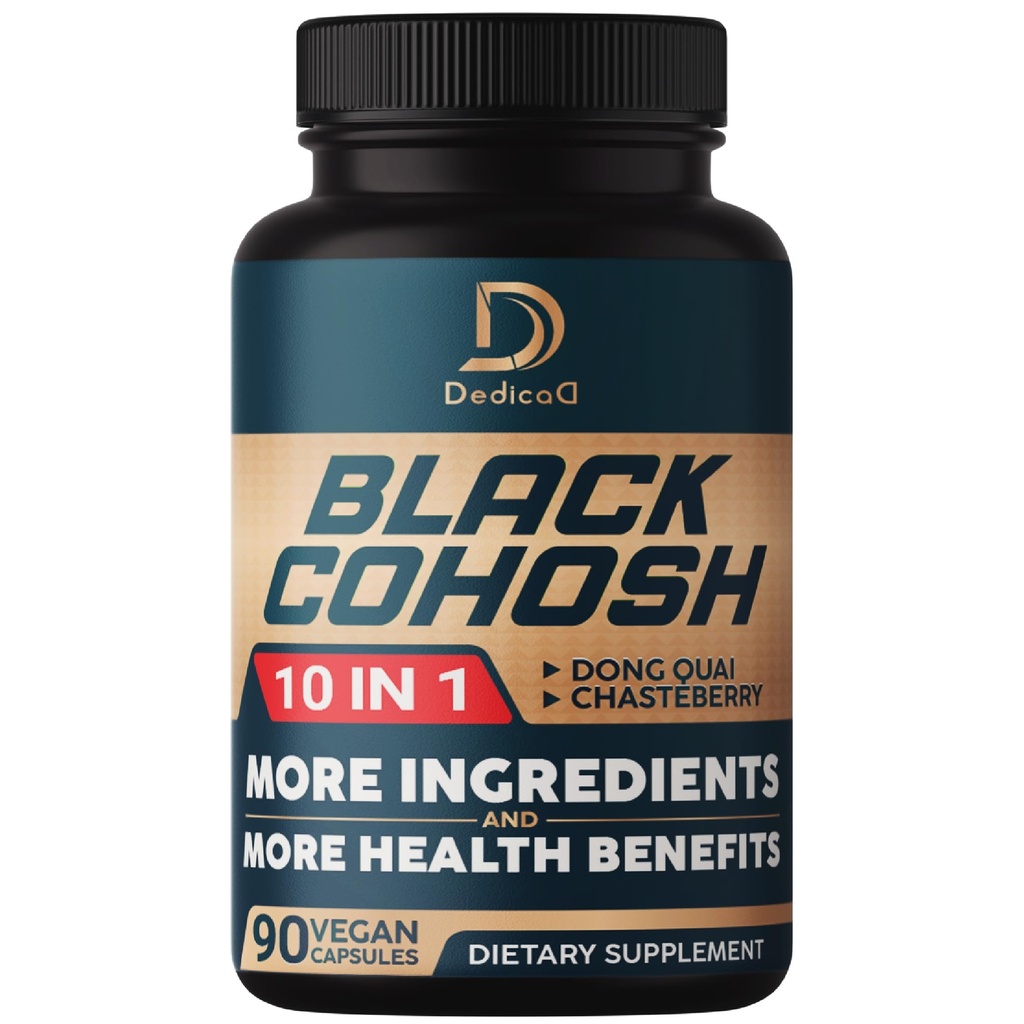 Svart Cohosh Supplement - 3 måneder for Menopause & Immune Health - blanding av 12 Potent Urt Inkluderer Dong Quai, Chasteberry, Wild Yam, Red Clover, Black Pepper og andre - 90 Vegan Capsules