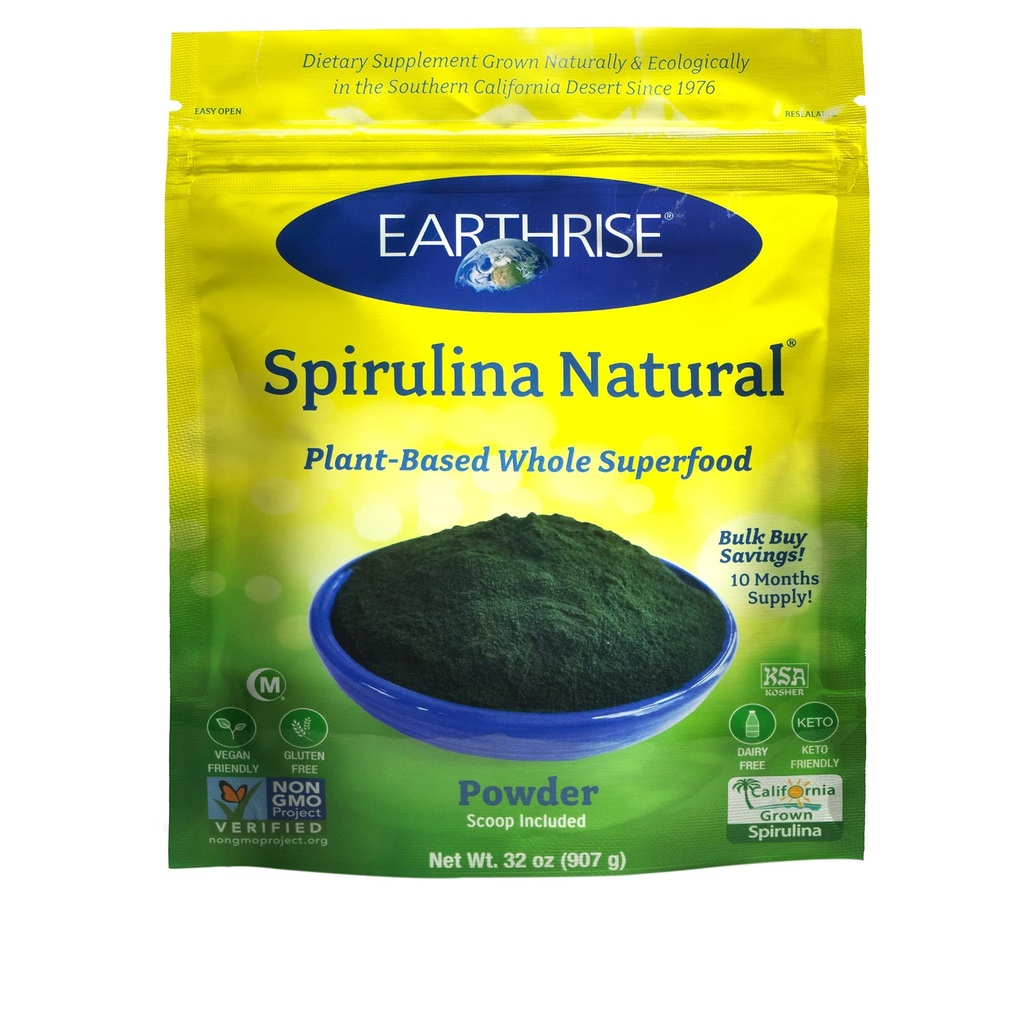 Jordrise Spirulina naturlig pulver 32oz, Naturlig Premium Spirulina fra California- Vegansk, Glutenfri, Keto Vennlig, Ikke -GMO Super Mat høy i vitaminer og mineraler. (2 LB)