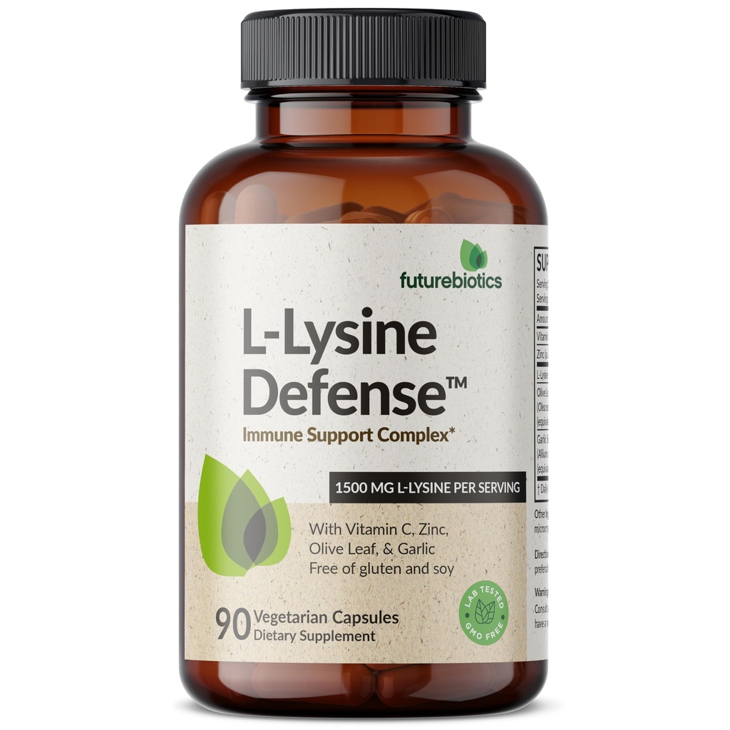 Futurebiotika L-Lysine Defense Immune Support Complex 1500 MG Per Serving med vitamin C, sink, Olive Leaf & hvitløk - Ikke-GMO, 90 vegetariske kapsler