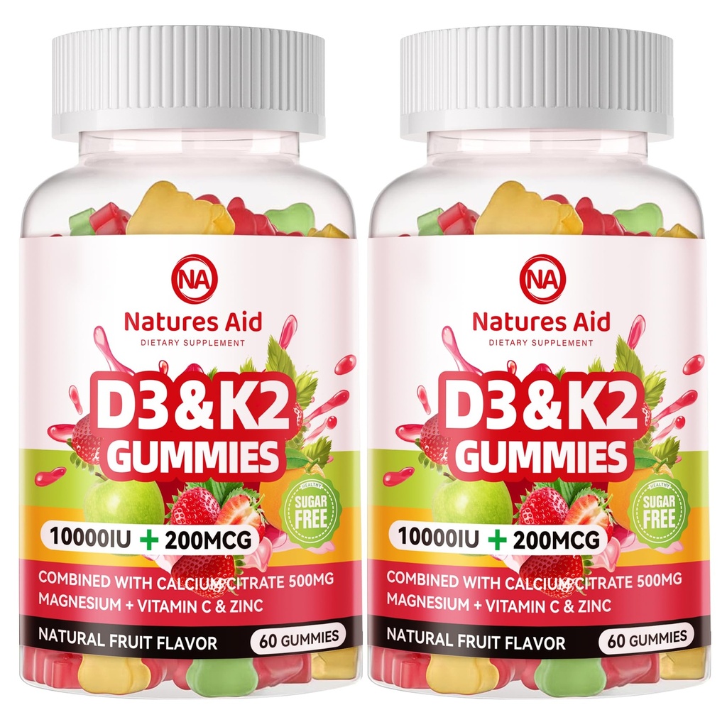 Natures Aid Sukkerfri vitamin D3 K2 Gummies med kalsium + K2 (MK-7), Magnesium Citrate, vitamin C, Extra styrke - Ultimate Absorpsjon for Bone Muskelmune, Vegan - 120 Gummies