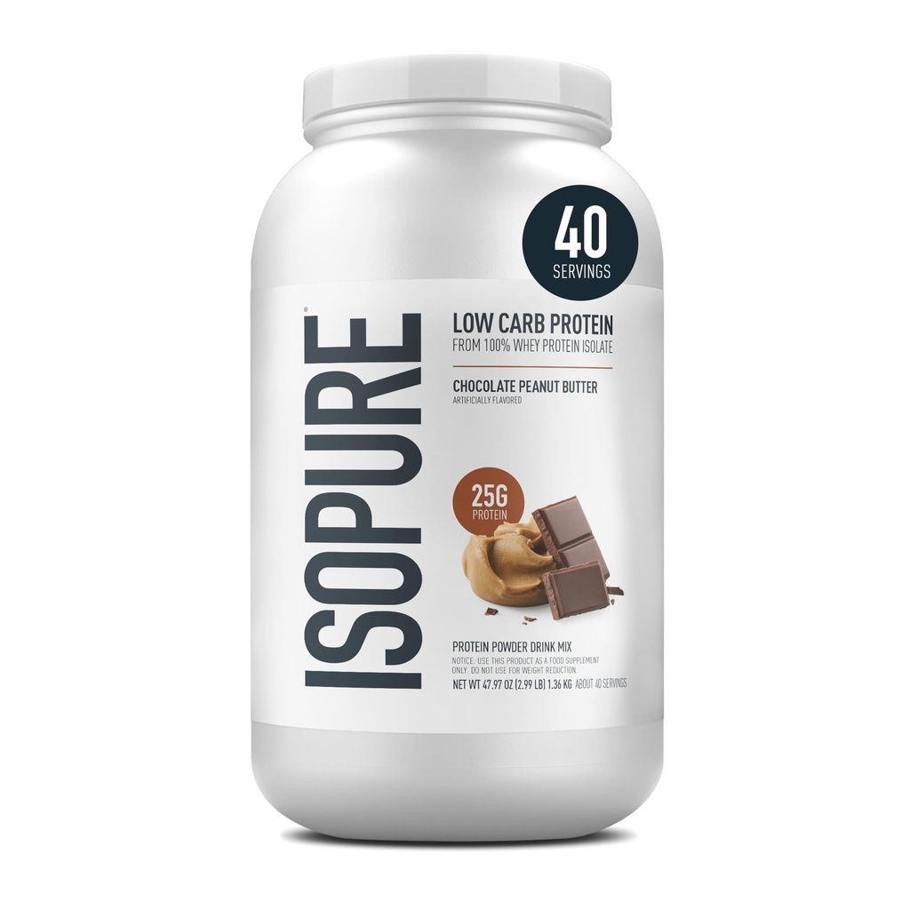 Isopure Low Carb 100% ren Whey Isolate Protein pulver, Laktosefri, Glutenfri, Med Vitaminer, Sjokolade Peanut Smør, 25g Protein Per Serving, 3 Lbs, 40 Servering (Packing May Vary)