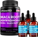 4-i-1 flytende biotin kollagen Keratin Sag Palmetto Drops (2 fl oz - 3 Pack) & 6-i-1 Maca Root Ashwagandha w Black Pepper Fruit (120ct) Bundle - hår, hud, negler, energi og mood støtte Supplement