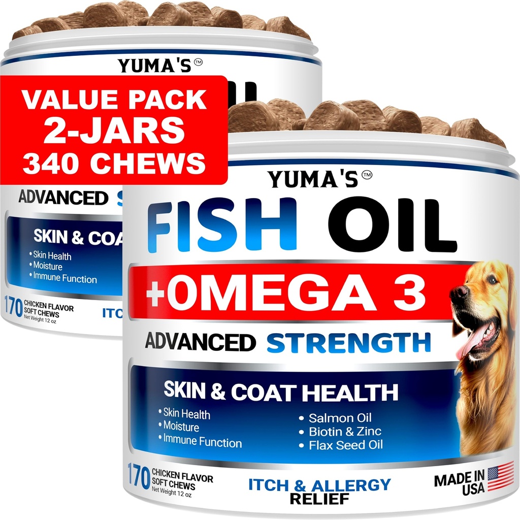(2 Pack) Omega 3 Fiskeolje for hunder - 170 Chews - Hud og Coat Supplement - Omega 3 for hunder - Tørr og kløende hud relief behandling - Allergi støttehund Anti Shedding behandlinger - laks - Kylling Flavor