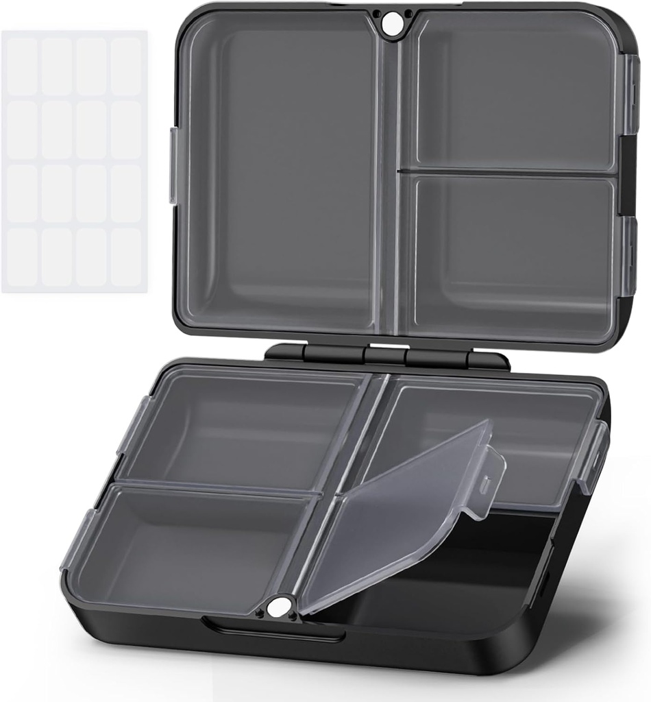 AUVON Daily Pill Organizer passer med din purse eller Pocket, Kompakt reisepille boks tilfelle med Slim Folding Design og lang-lastende henger å holde vitamin, fiskeolje, kosttilskudd eller smykker (svart)