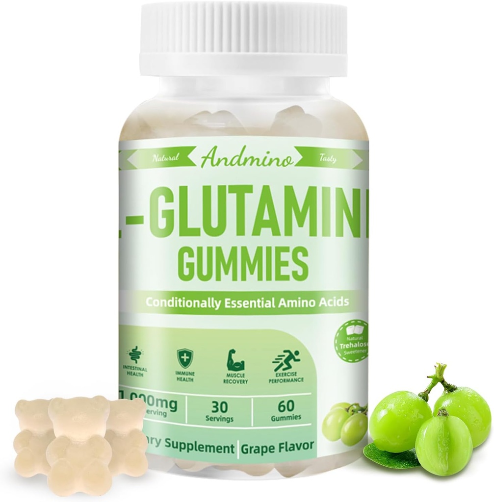 L-Glutamin Gummies 1000 mg, med Trehalose, L Glutamin kosttilskudd støtte intestinal, Økt immun- og muskelhelse, for voksne og barn, ikke-GMO, Vegan, Glutenfri, Grape Flavor, 60