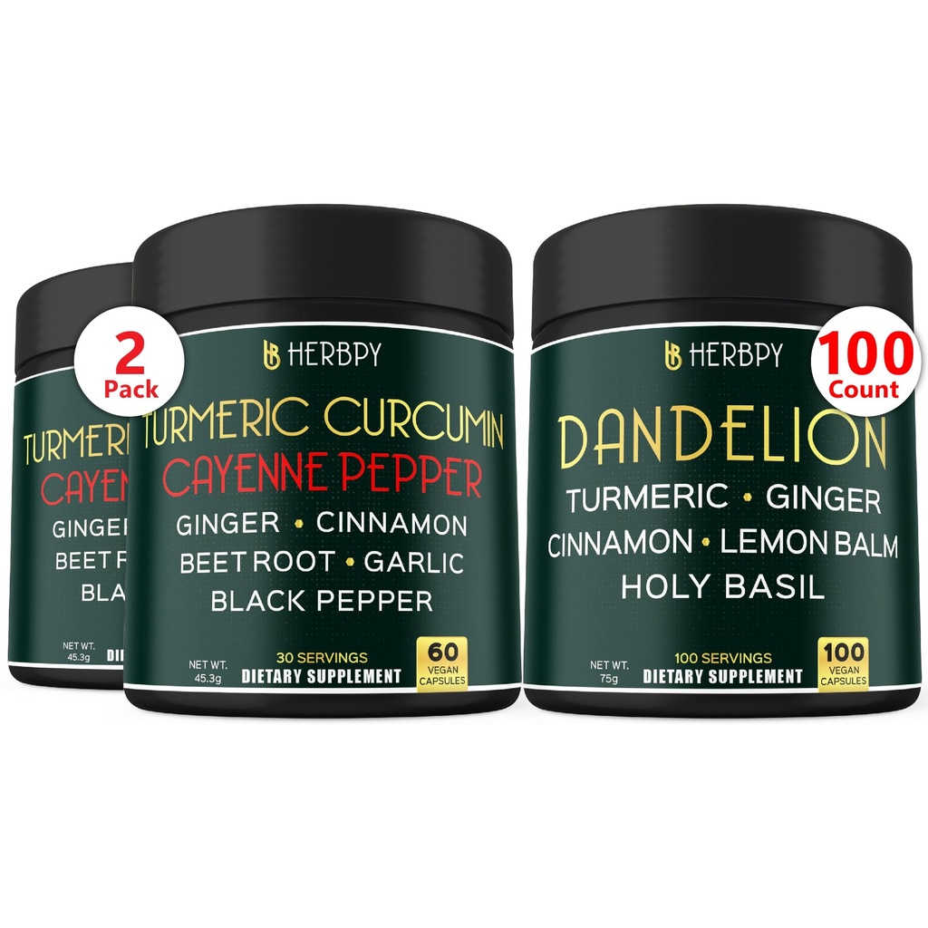 Bundle 7in1 Turmeric Curcumin & 6in1 Dandelion Supplement - Støtte hjerte, Digestion helse og immunsystem