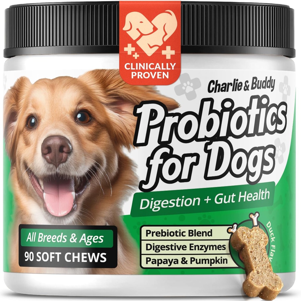 Charlie & Buddy Pet Probiotika for hunder Aid Gut Flora, Hundeprobiotika for Digestive Helse med Digestive Enzymer, Pumpkin og Papaya for Upset Mage, 90 Soft Probiotic Chews for hunder, Duck Flavor