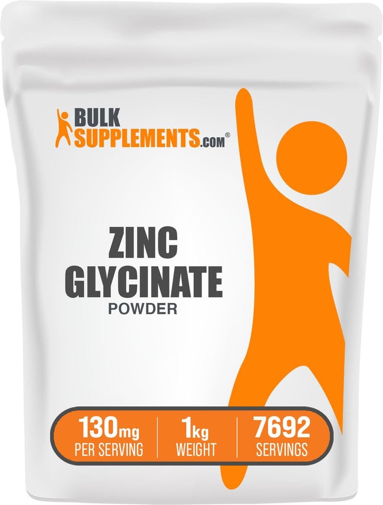 BulkSupplements.com Zinc Glycinate pulver - Sink Supplement, Mineral Supplement for immunstøtte - Glutenfri, 130 mg per servering, 1kg (2,2 lbs) (Pack of 1)