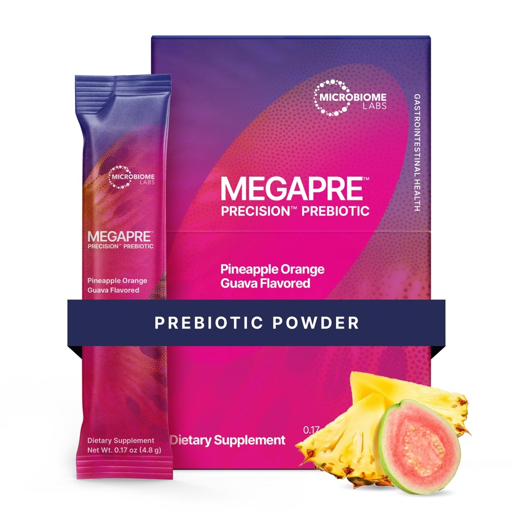 Mikrobiom Labs MegaPre Prebiotic Fiber pulver for kvinner, menn og barn - Pre-dosert Prebiotisk Fiber Supplement pulver med klinisk testet oligosakkarider - Pineapple Orange Guava (30 drikke pakker)